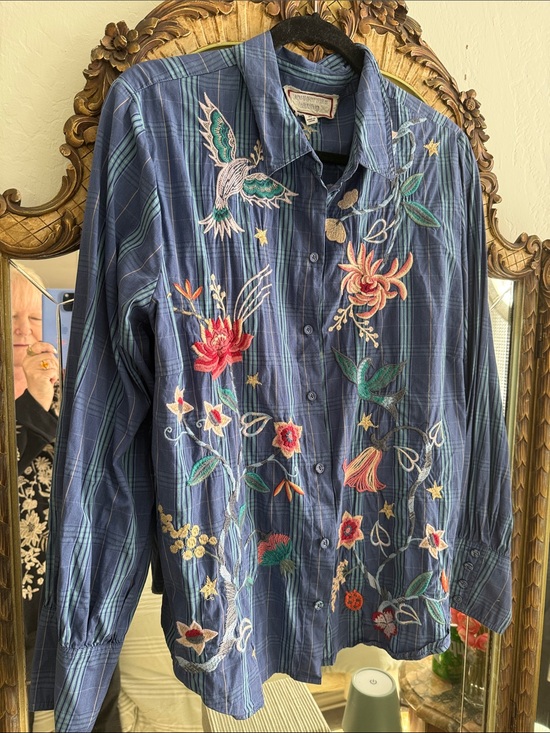 Johnny Was Other - Johnny Was Blue Embroidered Floral & Bird Button-Down Shirt